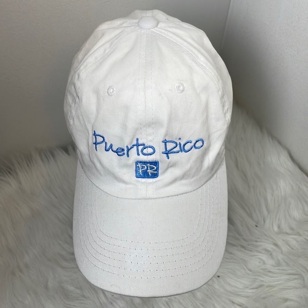 Unisex white cap with embroidery Puerto Rico Letters color of letters baby blue